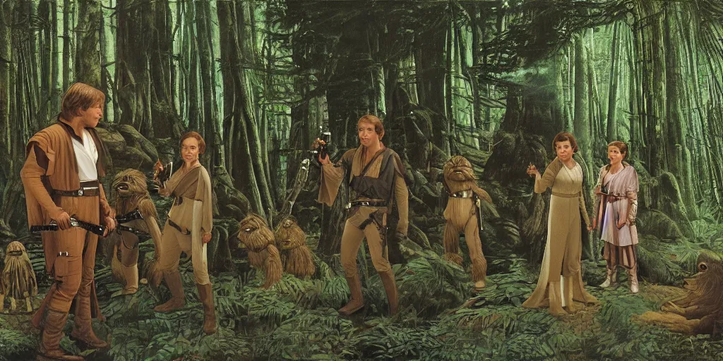 Prompt: luke skywalker, princess leia and han solo meet the ewoks in the forest of endor, in return of the jedi, a masterful painting by sandro botticelli, 4 k