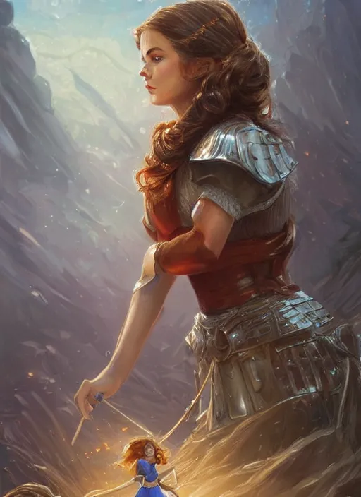 Prompt: beautiful female dorothy gale, rebecca romijn as dorothy, full body character concept, covered in full iron armor, super powers, fantasy, intricate, elegant, highly detailed, digital painting, artstation, concept art, shining, sharp focus, illustration, art by stanley lau