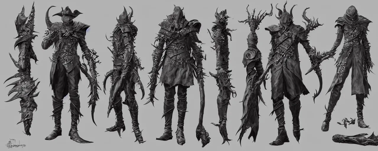 Prompt: character design, refence sheet, bloodborne 2 boss, concept art, photorealistic, hyperdetailed, 3 d rendering!, art by leyendecker! and frazetta