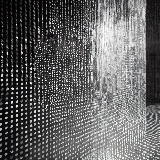 Prompt: rain room, art installation at the moma, extremely detailed, black and white photograph