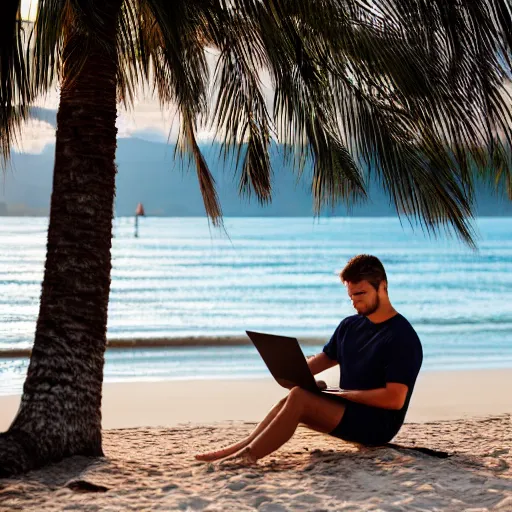 Image similar to photo of man working on laptop at beach, perfect face, fine details, 4 k, bokeh