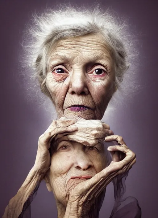 Prompt: an old woman with a weird look on her face, a surrealist painting by Martin Schoeller, shutterstock contest winner, pop surrealism, angelic photograph, stock photo, photoillustration