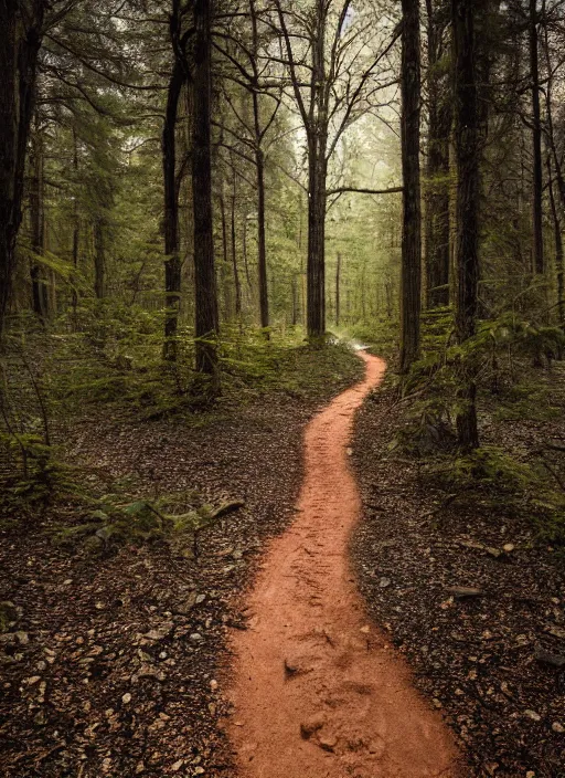 Prompt: a dirt path in the middle of a forest by tim biskup, shutterstock contest winner, naturalism, flickering light, high dynamic range, creative commons attribution