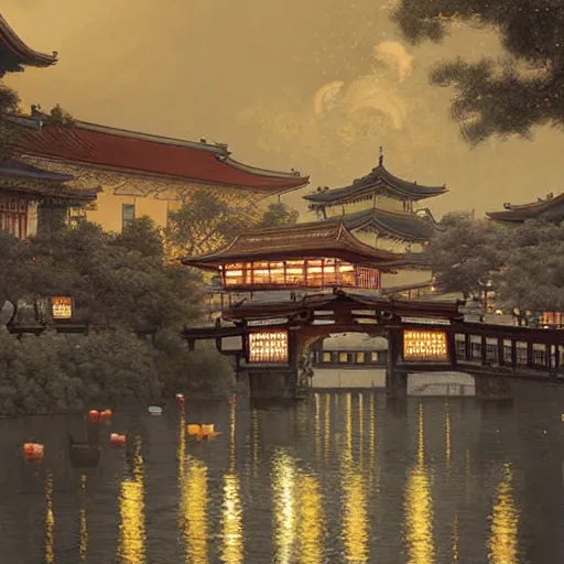 Image similar to view from the river of a beautiful painting of the lantern festival in a town resembling old kyoto and old town prague, at night with a sky full of stars, intricate, elegant, highly detailed, digital painting, artstation, concept art, by krenz cushart and artem demura and alphonse mucha