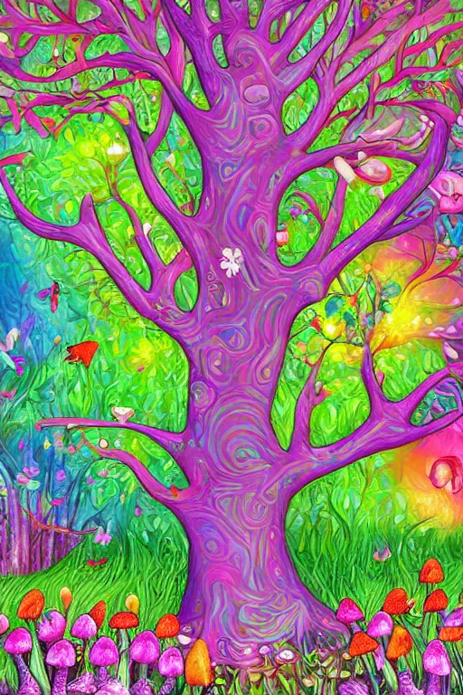 Prompt: digital painting detailed forest tree magical forest flowers mushrooms painted by Lisa frank
