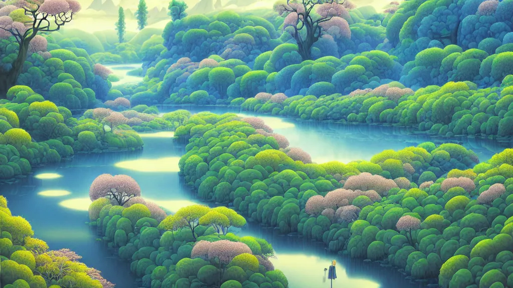 Prompt: digital painting of a lush river valley by gerald brom. blue river. spring day. chiho aoshima. digital render. detailed. beautiful landscape.