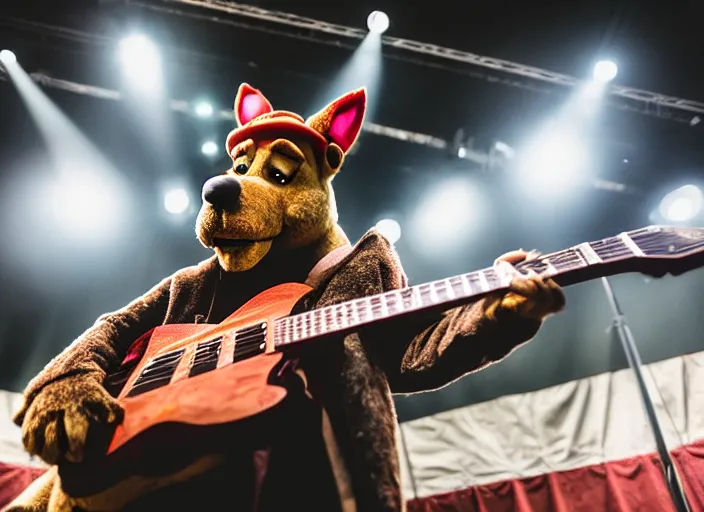 Image similar to photo still of mcgruff the crime dog on stage at vans warped tour!!!!!!!! at age 3 3 years old 3 3 years of age!!!!!!!! shredding on guitar, 8 k, 8 5 mm f 1. 8, studio lighting, rim light, right side key light