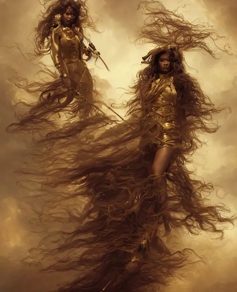 Prompt: a brown skinned female demon hunter with long dark curly hair and a futuristic uniform, windy, golden ribbons, stoic, modern, shes alone, maximalist fashion, hyperdetailed, dramatic, epic painting, painted by jean honore fragonard and greg rutkowski, full body, octane render, sharpness, 8 k, golden ratio