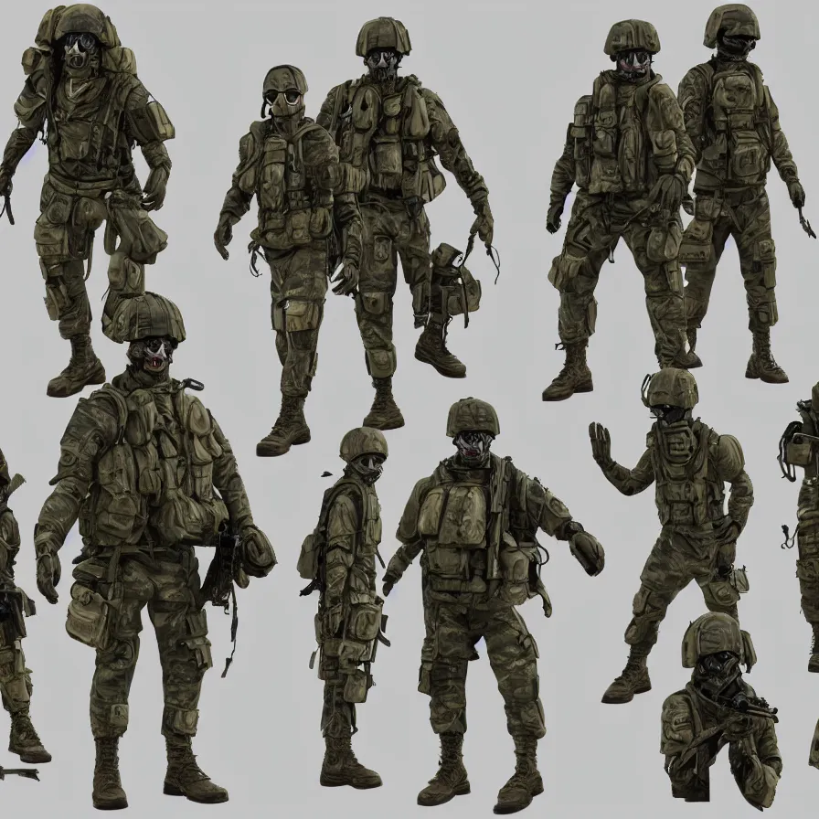 Image similar to suited beings, 4 limbs and civilized behavior, military soldier behavior, photorealistic rendering, hyperdetailed