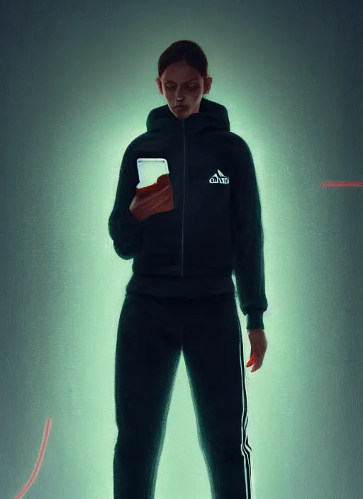 Prompt: portrait of slav heroine wearing an addidas tracksuit with a phone in hand. illuminated phone screen, by greg rutkowski and wlop, detailed, cinematic, 8 k, intricate, rule of thirds.