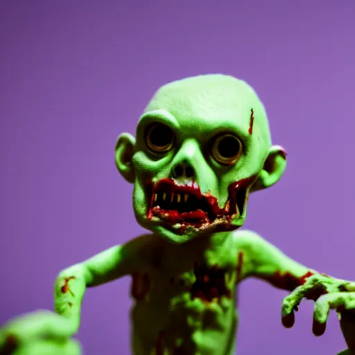 Prompt: a cinematic film still of a claymation stop motion film starring a cute zombie, shallow depth of field, 8 0 mm, f 1. 8