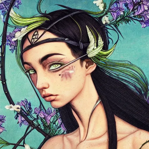 Image similar to the non-binary deity of Spring, she resembles a mix of Grimes, Aurora Aksnes, and Zoë Kravitz, in a style blend of Botticelli and Æon Flux, stunningly detailed artwork