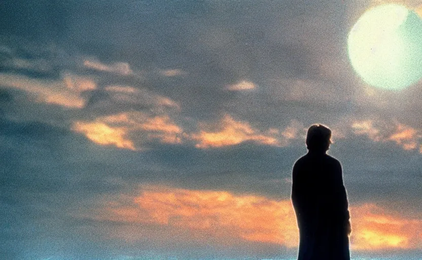 Image similar to iconic cinematic still portrait shot of luke skywalker downtrodden standing with a view of coruscant at sunset, from the thrilling scene from the 1 9 9 0 s sci fi film directed by stanley kubrick, moody cinematography, foggy volumetric lighting, hyper detailed scene, anamorphic lenses 2 4 mm, lens flare, award winning