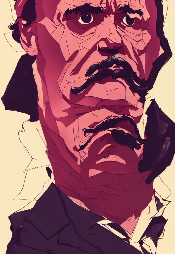Prompt: Friedrich Nietzsche with a chiseled Jawline and serious Look, Chest and Neck and Head, in the Style of Tomer Hanuka and Mike Mignola and Atey Ghailan, rimlight, vibrant colors, hard shadows, Comic Cover Art, trending on artstation