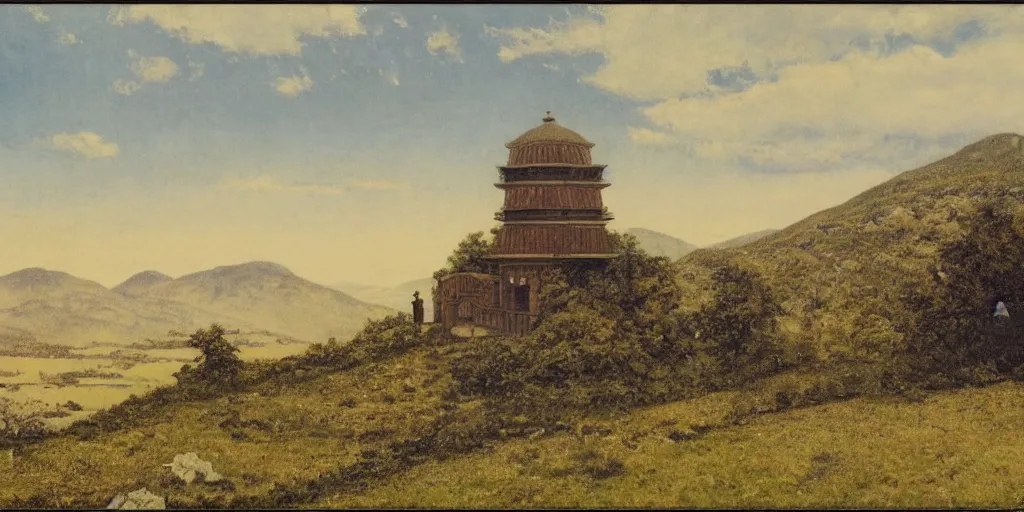 Image similar to observatory, temple, mountains by Fernand Khnopff