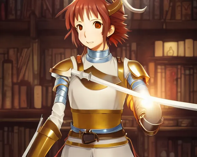 Image similar to anime visual, portrait of a young female knight wearing armor in a alchemist's shop interior, cute face by yoh yoshinari, katsura masakazu, studio lighting, dynamic pose, dynamic perspective, strong silhouette, anime cels, ilya kuvshinov, cel shaded, crisp and sharp, rounded eyes, moody