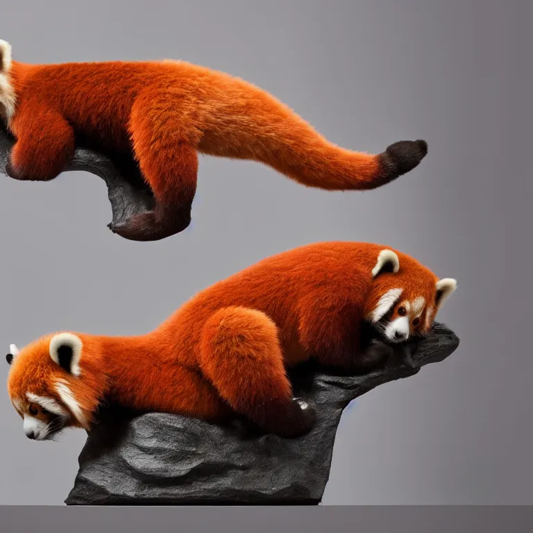 Prompt: hyperrealistic sculpture of a giant red panda fossil with some flesh attached on a pedestal by ron mueck and duane hanson and damien hirst, hyperrealistic dramatic colored lighting trending on artstation 8 k