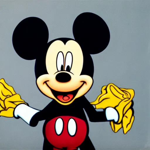 Prompt: mickey mouse holding a burrito by banksy, high definition