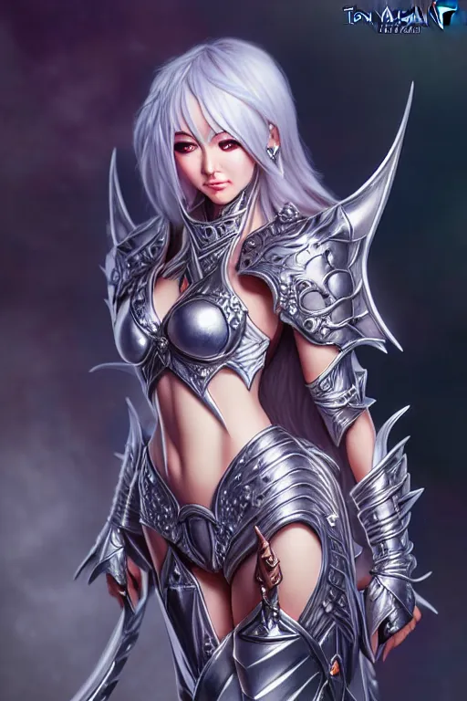 Image similar to sakimi chan, detailed face, standing, silver fantasy armor, tony sart