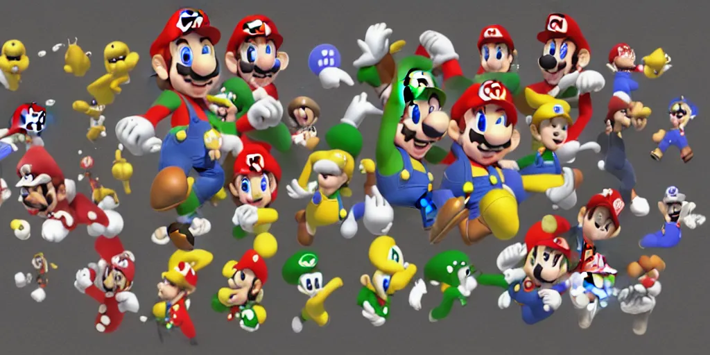 Image similar to lineup of all of the characters from Super Mario, 3D render, simple background