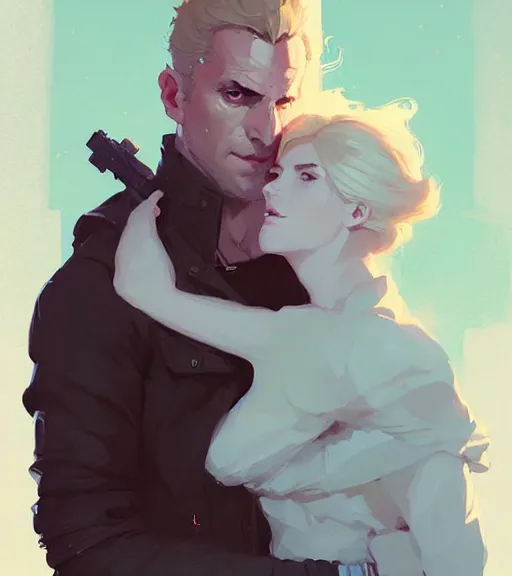 Image similar to portrait of cullen with a beautiful woman he loves by atey ghailan, by greg rutkowski, by greg tocchini, by james gilleard, by joe fenton, by kaethe butcher, dynamic lighting, gradient light blue, brown, blonde cream and white color scheme, grunge aesthetic