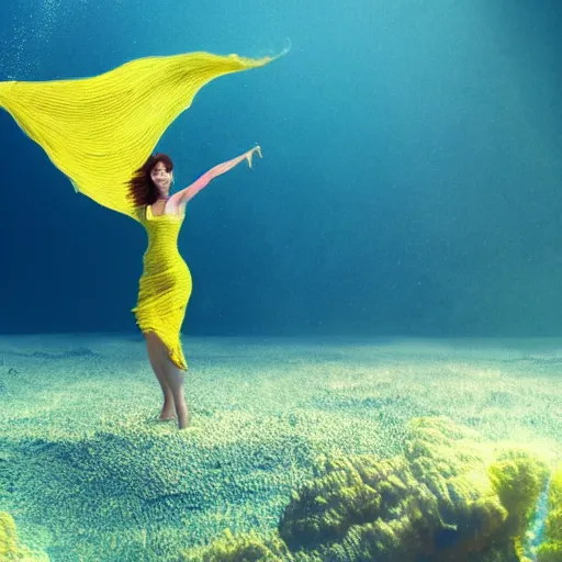 Prompt: woman dancing underwater wearing a long flowing dress made of yellow and green wire, coral sea bottom, swirling smoke shapes, octane render, caustics lighting from above, cinematic, hyperdetailed