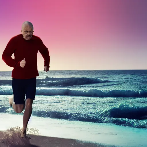 Image similar to Walter White running on the beach, artistic, 8k, cinematic, accurate, symetric, face, dramatic lighting, pastel colours