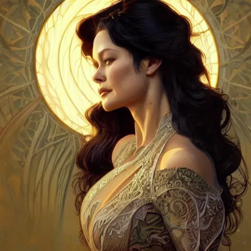 Image similar to beautiful detailed picture of catherine zeta jones, radiant light, art nouveau, intricate, elegant, highly detailed, my rendition, digital painting, artstation, concept art, smooth, sharp focus, illustration, art by artgerm and greg rutkowski and alphonse mucha