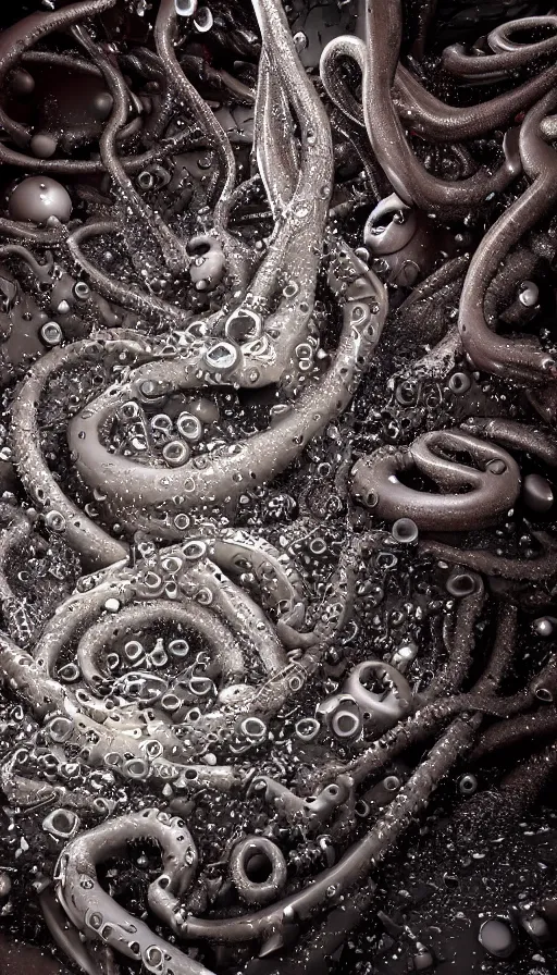 Image similar to a single biomechanical tentacle, dripping, wet, shiny, horror art, very beautiful!! octane render, 8k, hyper realistic