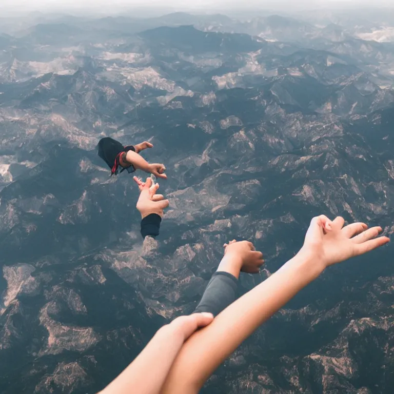 Prompt: a person holding hands with a friend while flying high in the sky, windy