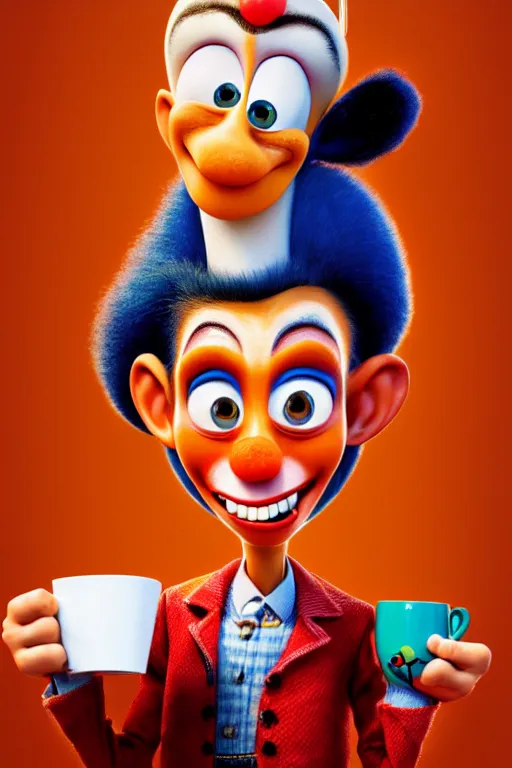 Image similar to portrait of a clown holding a cup of coffee, circus in background, full body. pixar disney 4 k 3 d render funny animation movie oscar winning trending on artstation and behance. ratatouille style.
