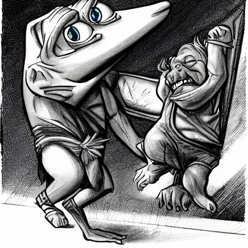 Image similar to harry potter illustration of extremely muscular Dobby fighting a Gnome at Gringotts, hd 4k