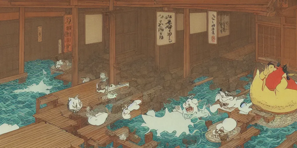 Image similar to an edo - period japanese bath - house filled with wacky characters and spirits. a stunned dragon has crashed through the wooden wall. fantasy art, painting, by studio ghibli, hayao miyazaki, high resolution wallpaper, colorful painting