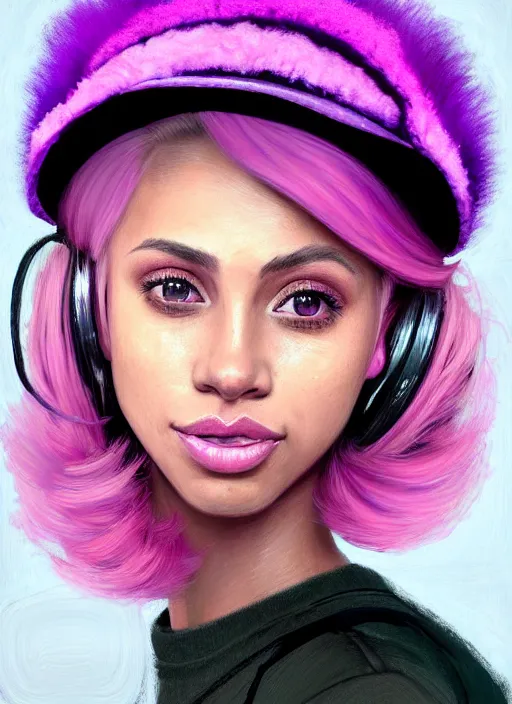 Image similar to portrait of vanessa morgan, teenage girl, pink hair, wavy pixie haircut, purple newsboy cap, fluffy pink hair coming out from under cap, hoop earrings, confident, energetic, spunky, intricate, elegant, glowing lights, highly detailed, digital painting, artstation, concept art, sharp focus, illustration, art by wlop, mars ravelo and greg rutkowski