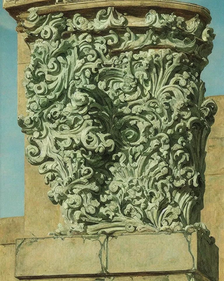 Prompt: roman achingly beautiful painting of intricate ancient roman corinthian capital on jade background by rene magritte, monet, and turner. giovanni battista piranesi.