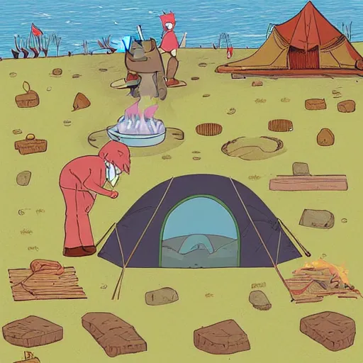 Prompt: capybaras camping on the seaside and one is playing guitar around the fire by yuga labs and by pendleton ward