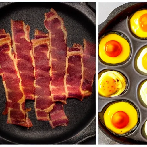 Image similar to cyberpunk bacon and eggs in pan, closeup, close angle, dramatic lighting