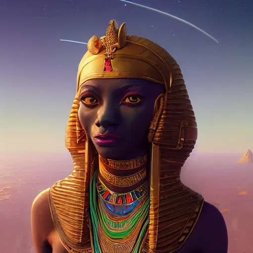 Image similar to highly detailed portrait of sekhmet the egyptian goddess, intricate alien technology, stephen bliss, unreal engine, fantasy art by greg rutkowski, loish, rhads, ferdinand knab, makoto shinkai and lois van baarle, ilya kuvshinov, rossdraws, tom bagshaw, global illumination, radiant light, detailed and intricate environment