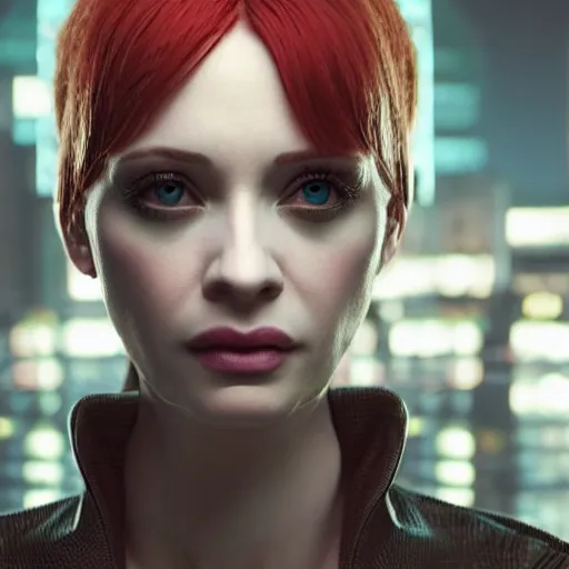 Image similar to 3 d render of christina hendricks in cyberpunk, smooth, intricate, octane, reflects, ultra detailed, sharp focus, symmetry