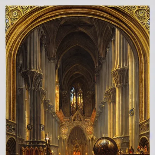 Image similar to inside a giant medieval cathedral, ornate and intricate details. highly detailed painting by gaston bussiere, j. c. leyendecker 8 k