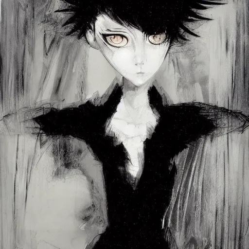 Prompt: Renaissance oil portrait of a manga style girl with short white hair and black eyes in the style of Yoshitaka Amano, abstract black and white background, large film grain, expressive brush strokes