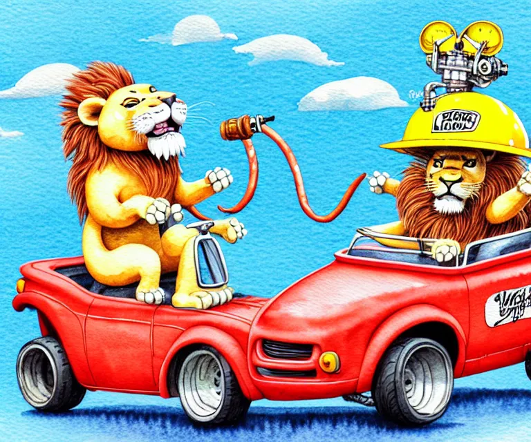 Image similar to cute and funny, lion wearing a helmet riding in a tiny hot rod with oversized engine, ratfink style by ed roth, centered award winning watercolor pen illustration, isometric illustration by chihiro iwasaki, edited by range murata, tiny details by artgerm and watercolor girl, symmetrically isometrically centered, focused