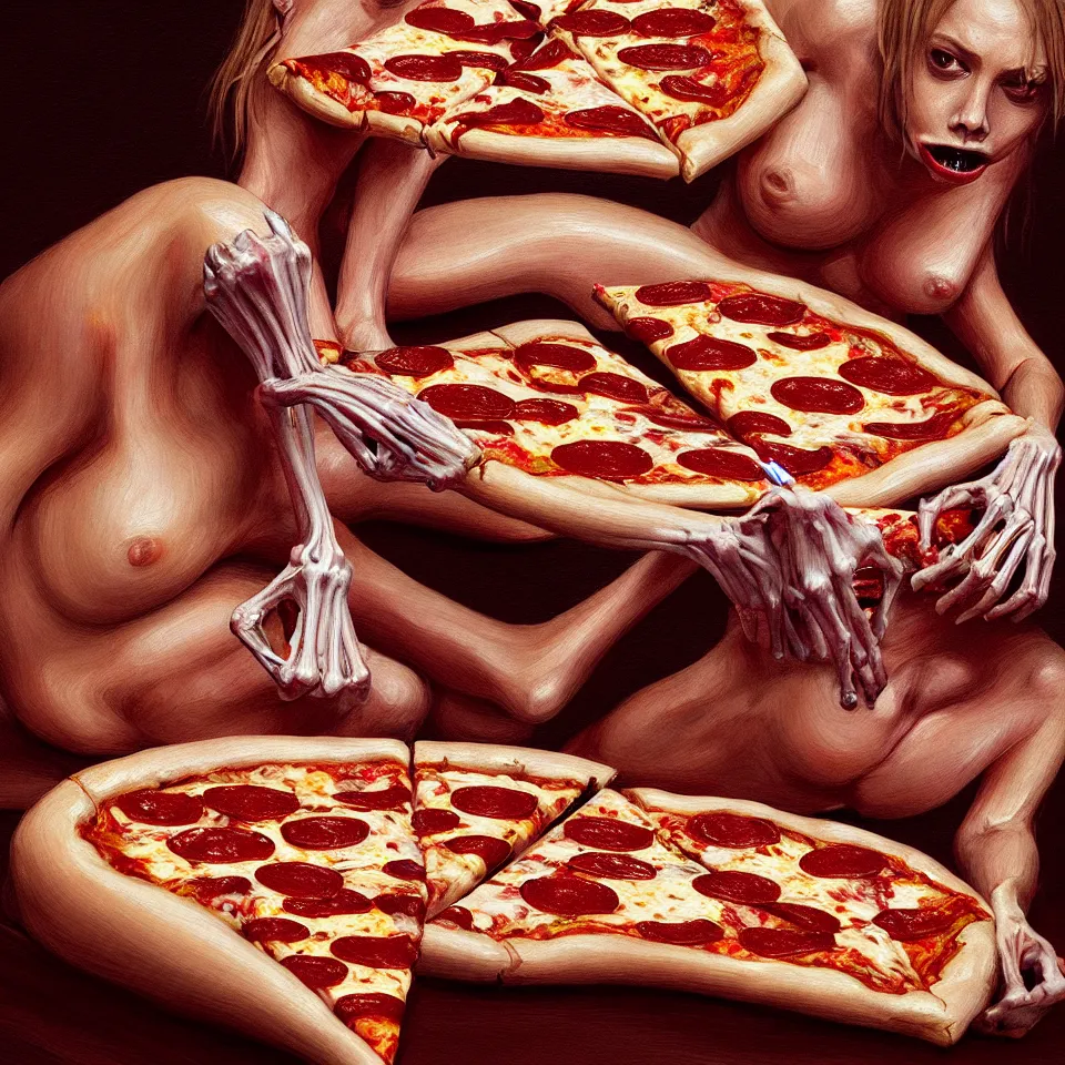 Prompt: bright realistic anorexic ribs boney obese eating herself to death, pizza, appartment, rotten flesh, diffuse lighting, fantasy, intricate, elegant, highly detailed, lifelike, photorealistic, digital painting, artstation, illustration, concept art, smooth, sharp focus, art by francis bacon