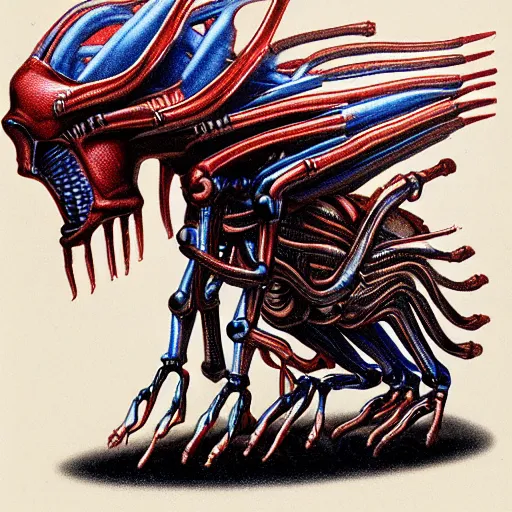 Image similar to anatomically correct diagram of alien, quadruped, h. r. giger, red and blue, 8 feet fall, monstrous, fiendish