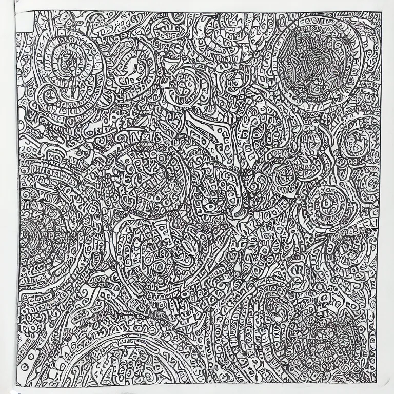 Prompt: notebook doodle architecture sketch with extremely intricate psychedelic patterns hyper detailed linework pen and paper