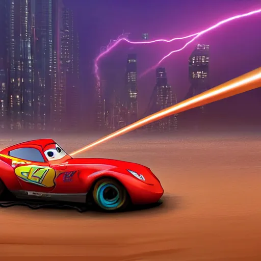 Image similar to lightning mcqueen driving on wet sand on beach, evening, cyberpunk city in the background, photo, 4 k, highly detailed