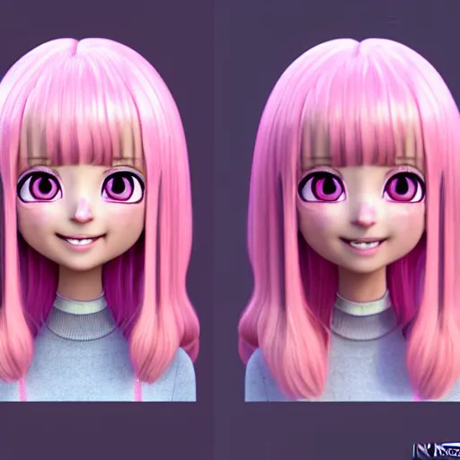 Prompt: A portrait of Nikki from Shining Nikki and Love Nikki, a cute 3d cgi toon young woman with long light pink hair, full bangs, hazel eyes, full round face, light makeup, pale skin, Chinese heritage, medium shot, mid-shot, hyperdetailed, 8k, trending on artstation, as a Pixar character