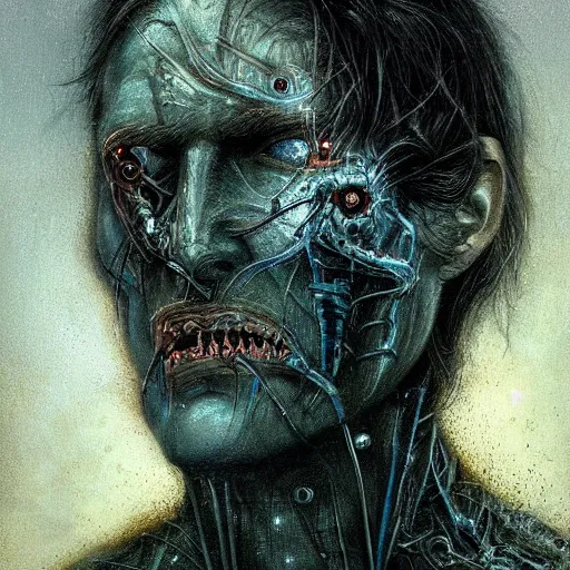 Prompt: surreal portrait of a man by Greg Rutkowski and H.R Giger, he is about 30 years old, messy long black hair, tired appearance, roman nose, peaceful but sad and resigned expression, martyred as a biomechanical transhuman cyborg god, eyes glow electric blue, cosmic void background, frightening, fascinating, highly detailed portrait, digital painting, book cover, artstation, concept art, smooth, sharp foccus ilustration, Artstation HQ.