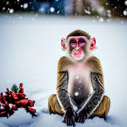 Prompt: beatiful photograph of non-ending snow, monkey sitting in the center whilst holding a snowball in its arms