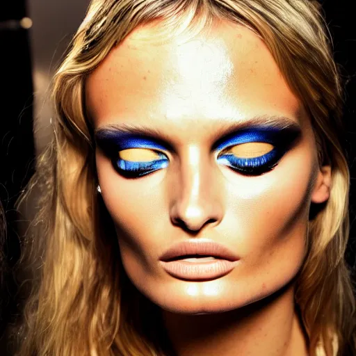 Image similar to portrait of young edita vilkeviciute, versace fashion show 2 0 1 1 spring summer backstage, makeup by pat mcgrath, detailed face, greg rutkowski, intricate, elegant, highly detailed,